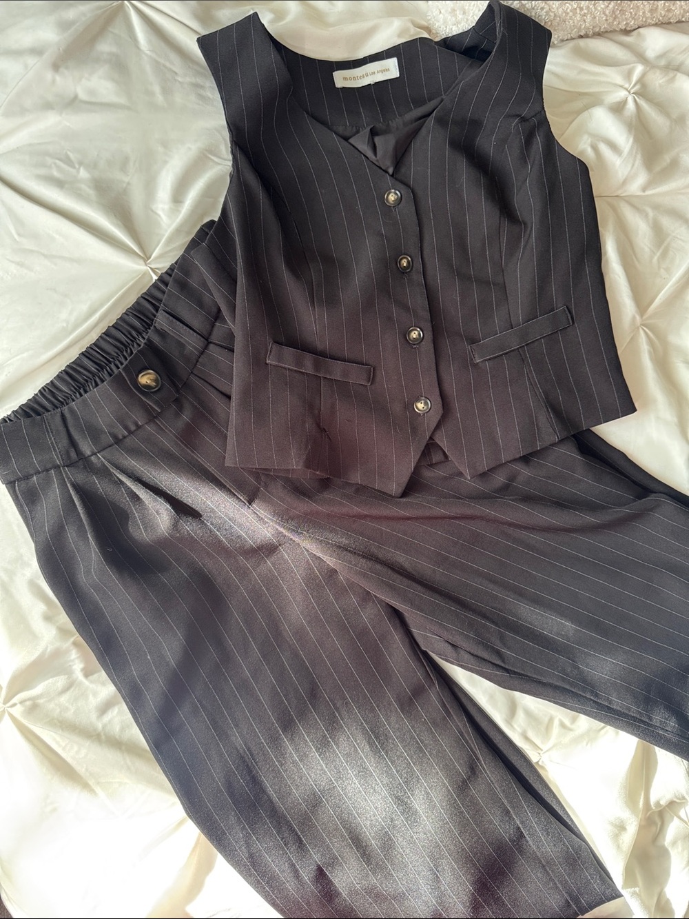Pinstripe Black Women's Vest & Wide-Leg Trousers Set